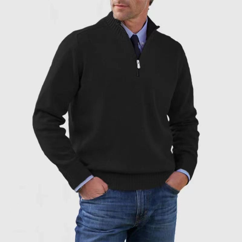 Men&#39;s Stand Collar Zipper Sweater Winter Fashion Solid Color Long Sleeve Knitted Top Clothing