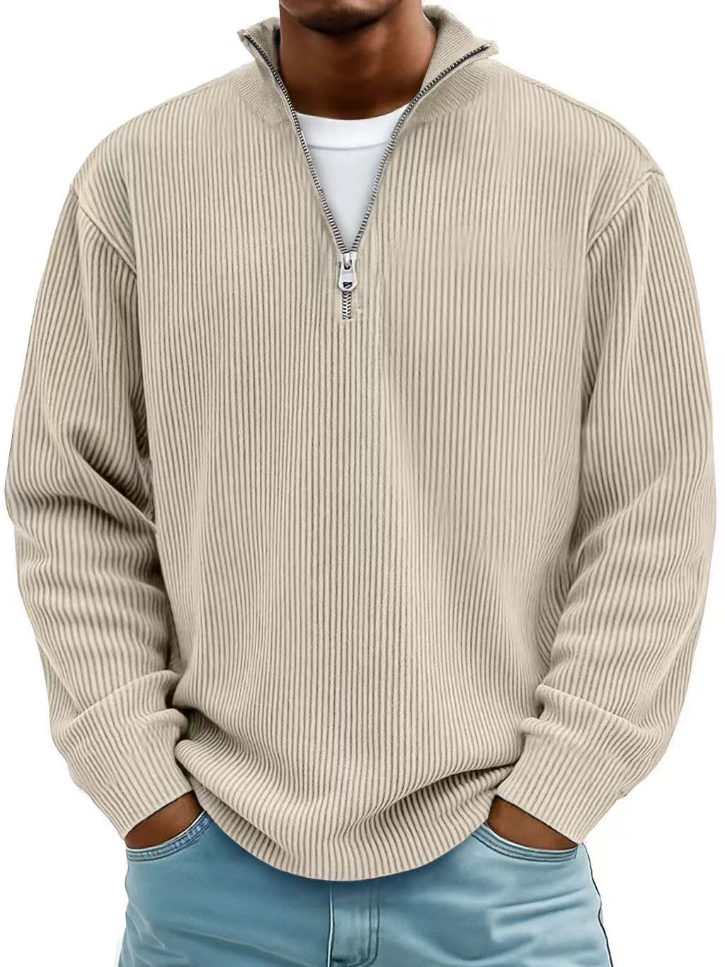 Corduroy Zipper Stand Collar Sweatshirt Fashion Warm Solid Color Long Sleeve Top Men&#39;s Casual Polo Shirt Clothing