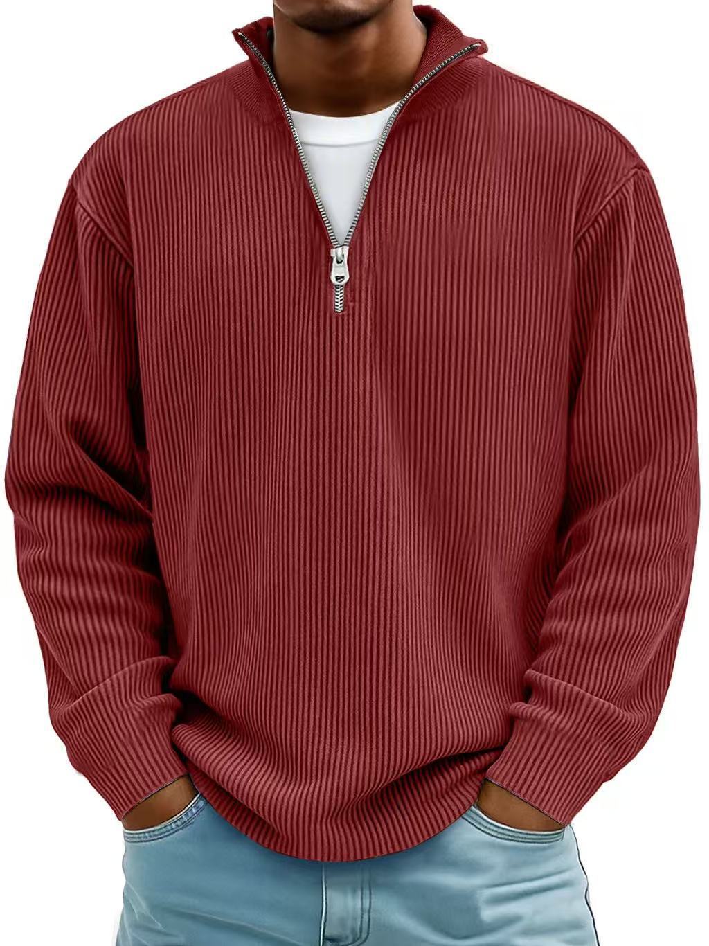Corduroy Zipper Stand Collar Sweatshirt Fashion Warm Solid Color Long Sleeve Top Men&#39;s Casual Polo Shirt Clothing