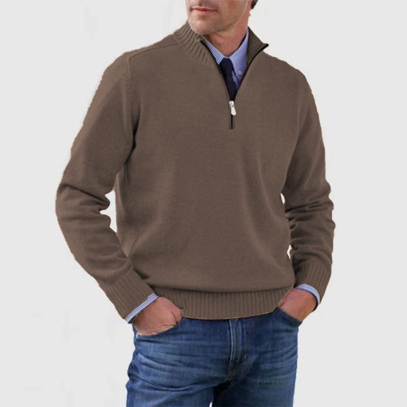 Men&#39;s Stand Collar Zipper Sweater Winter Fashion Solid Color Long Sleeve Knitted Top Clothing