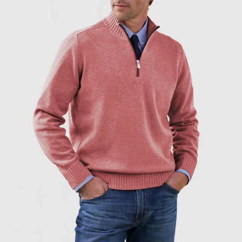 Men&#39;s Stand Collar Zipper Sweater Winter Fashion Solid Color Long Sleeve Knitted Top Clothing
