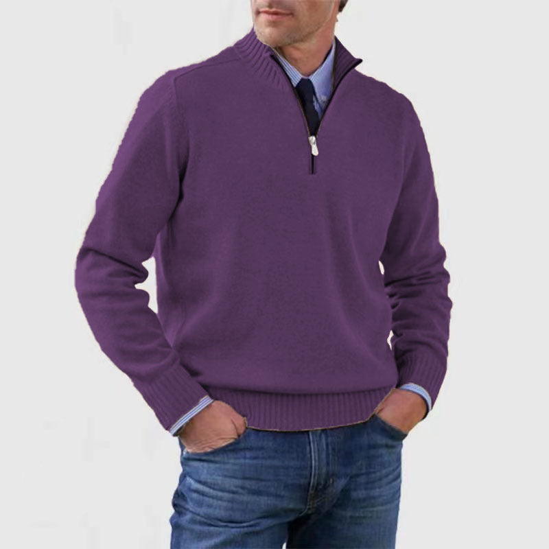 Men&#39;s Stand Collar Zipper Sweater Winter Fashion Solid Color Long Sleeve Knitted Top Clothing