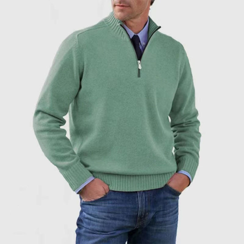 Men&#39;s Stand Collar Zipper Sweater Winter Fashion Solid Color Long Sleeve Knitted Top Clothing