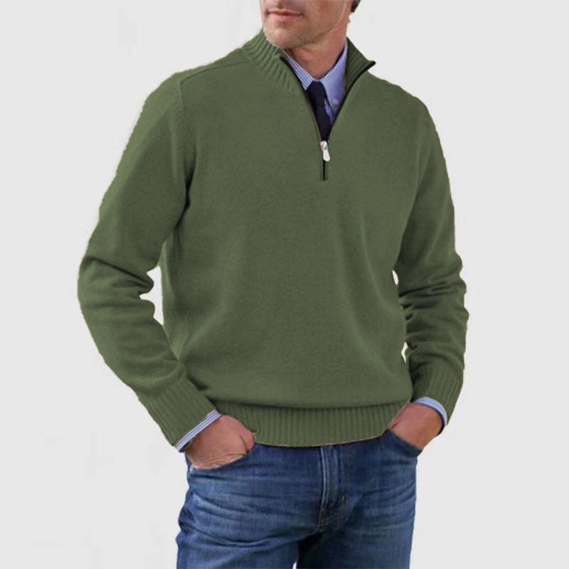Men&#39;s Stand Collar Zipper Sweater Winter Fashion Solid Color Long Sleeve Knitted Top Clothing