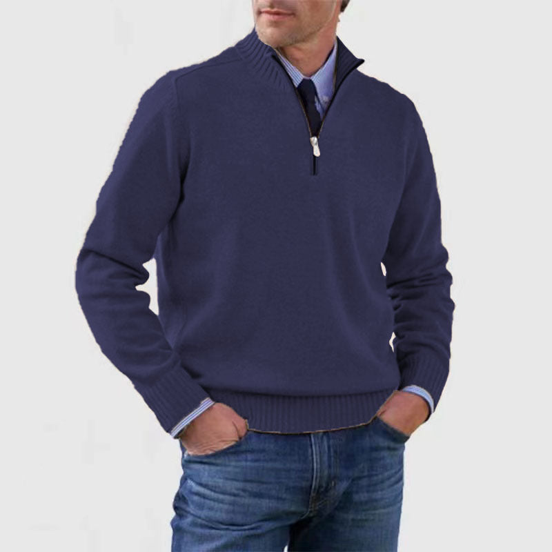 Men&#39;s Stand Collar Zipper Sweater Winter Fashion Solid Color Long Sleeve Knitted Top Clothing