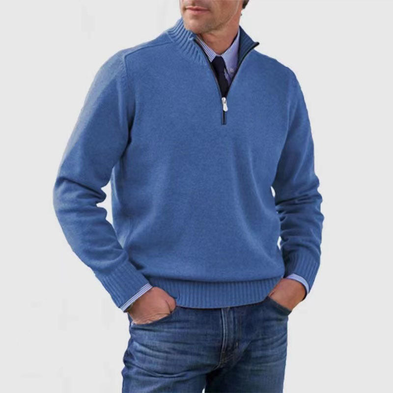 Men&#39;s Stand Collar Zipper Sweater Winter Fashion Solid Color Long Sleeve Knitted Top Clothing