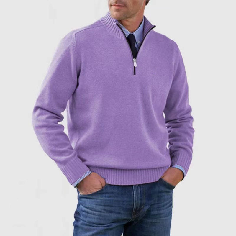 Men&#39;s Stand Collar Zipper Sweater Winter Fashion Solid Color Long Sleeve Knitted Top Clothing