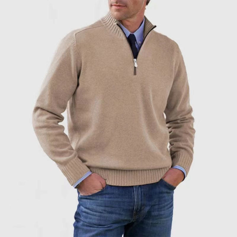 Men&#39;s Stand Collar Zipper Sweater Winter Fashion Solid Color Long Sleeve Knitted Top Clothing