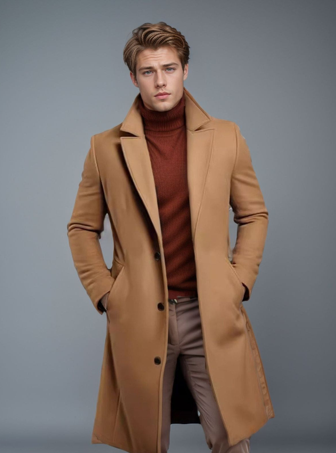 Men&#39;s Mid-length Trench Coat Fall Winter Slim Pockets Single-breasted Collar Jacket  Casual Business Comfortable Overcoat Clothing