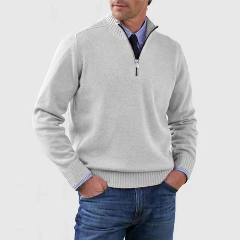 Men&#39;s Stand Collar Zipper Sweater Winter Fashion Solid Color Long Sleeve Knitted Top Clothing