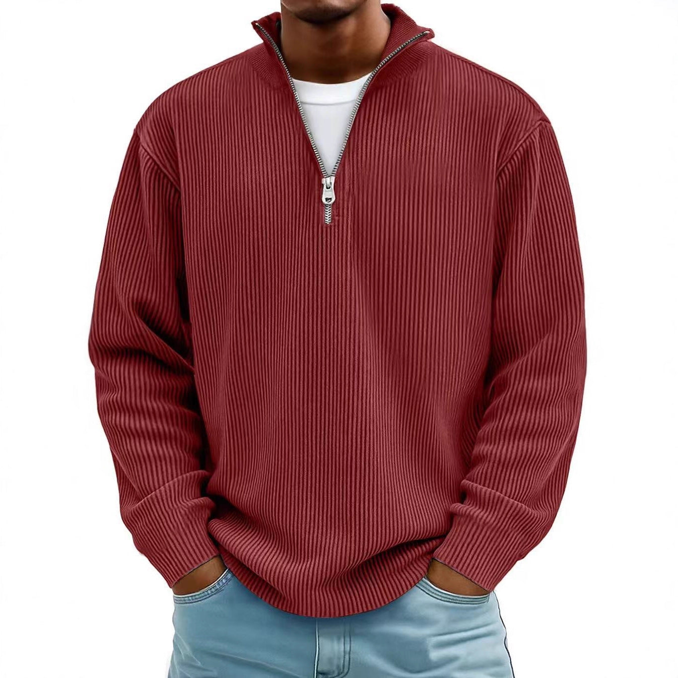Corduroy Zipper Stand Collar Sweatshirt Fashion Warm Solid Color Long Sleeve Top Men&#39;s Casual Polo Shirt Clothing